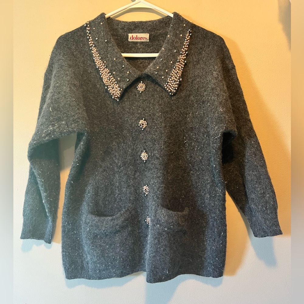 Dolores vintage lambswool, angora, and nylon pullover sweater with beading.